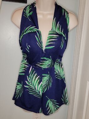 Blue Blush Halter Top Romper In Navy & Green Palm Print NWT Sz Small